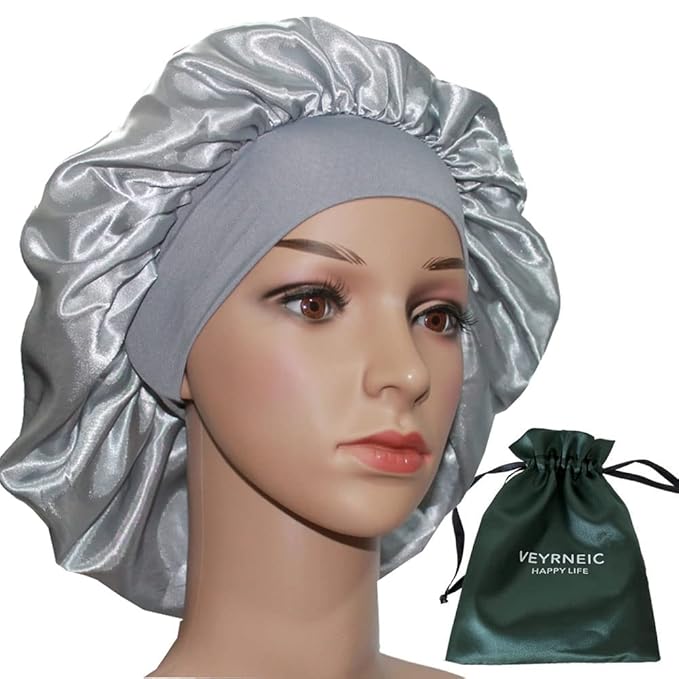 VEYRNEIC Hair Satin Bonnet for Sleeping Shower Caps Silk Chemo Caps with Wide Elastic Band Night Sleep Cap Bonnets for Black Women Braids with Satin Storage Bag (Silver)