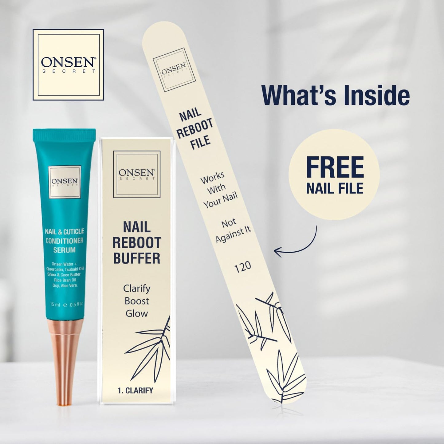 Onsen Japanese Nail File Buffer Sparkle-KIT 1.0, A Free 120/180 Grit Nail File,3-Way Buffer Block, Cuticle Serum with Cuticle Oil in Action-15ml, Optimum Care Series