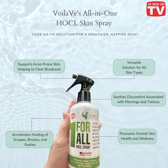 VoilaVe Pure Hypochlorous Acid Spray, All-in-One Skin Spray for Every Skin Type | HOCL Spray | Supports Acne, Scraps, Bruises, Rashes, Piercings, Tattoos, and Odors | Multi-Purpose Cleaner Spray 8 Oz