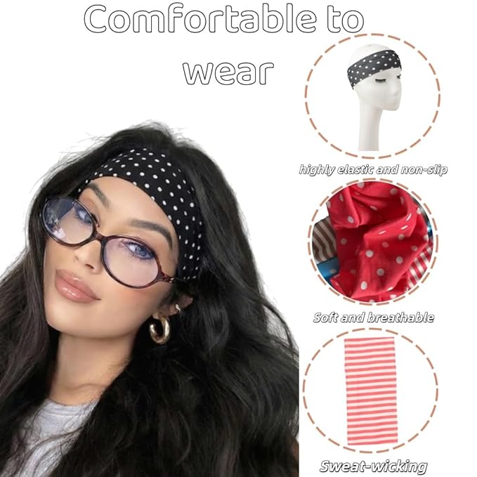 Polka Dot Headband,Stripe Head Bands 7 Pack Non Slip Soft Fabric Elastic for Girls Daily Heart Cute Hairbands, Women's Fashion Headbands