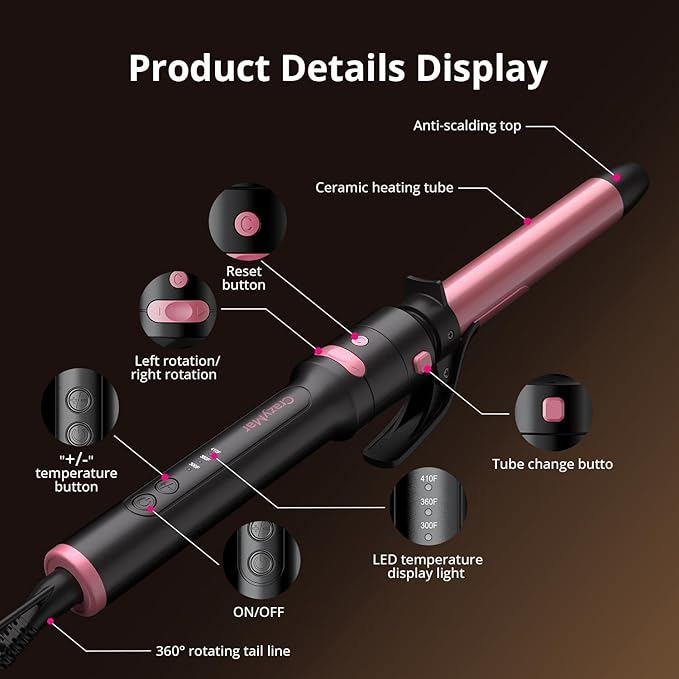 5 in 1 Automatic Rotating Curling Iron Set, CrazyMar Curling Wand Set - 5 Barrels (3/4,1,1/4 Inch) Dual Voltage Curling Wand for Professional Hair Styling, Travel, Ceramic Coating(Hot Pink)