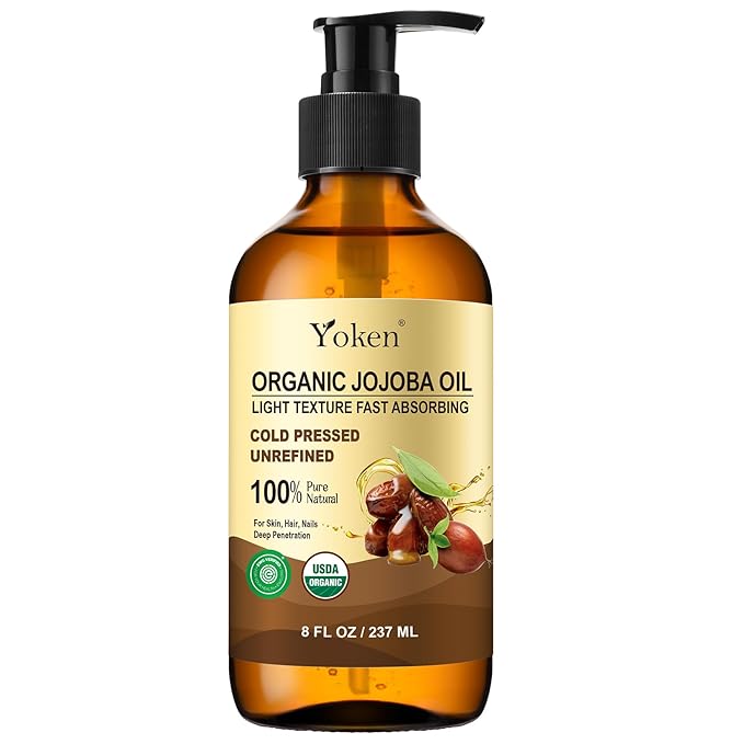 Yoken Organic Jojoba Oil Glass Bottle 8 fl oz, USDA Certified 100% Pure & Natural Jojoba Oil for Hair, Skin & Face, Cold Pressed Unrefined Hexane Free, Deeply Moisturizing Body Serum Oils for Gua Sha