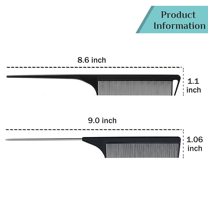 MODENGKONGJIAN 6 Packs Hair Rat Tail Combs Parting Rattail Combs Carbon Fiber Heat Resistant Teasing Combs with Stainless Steel Pintail for Women,Girls