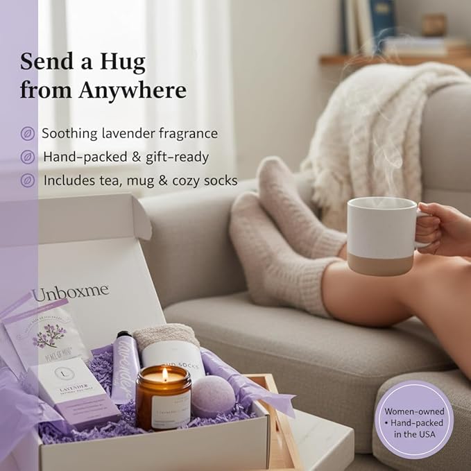 Unboxme Lavender Spa Gift Basket for Women, Self Care Package with Candle, Bath Bomb, Tea & Mug - Relaxation Gifts for Birthday, Get Well