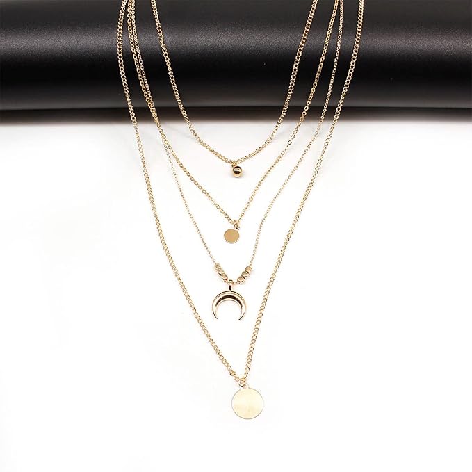 Bohemia Layered Coin Choker Necklace Moon Crescent Pendant Necklace Chain Gold Tiny Ball Necklace Multi Layer Disc Necklace Chain Jewelry for Women and Girls