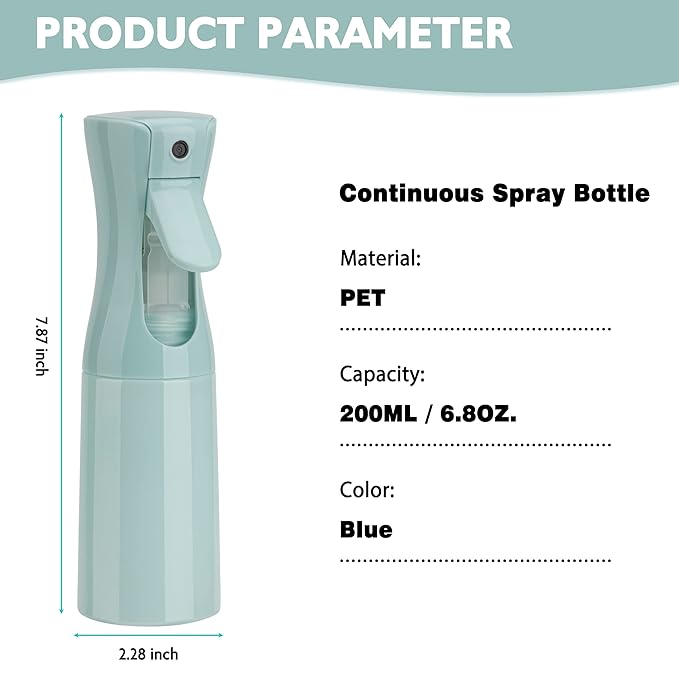 Spray Bottle for Hair (6.8OZ /200ML) Continuous Ultra Fine Mist Sprayer for Hair, Salons, Barber, Plants, Skin Care, Cleaning 2 Pack Blue