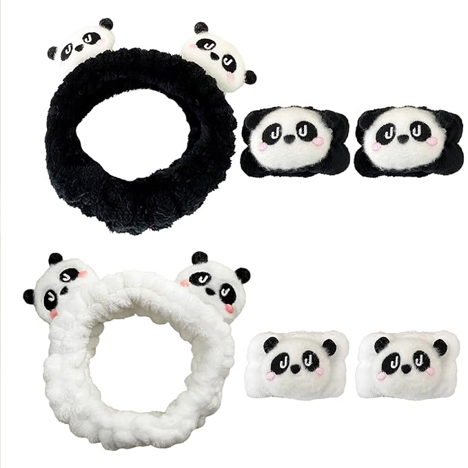 6PCS Cute Cat Ears Spa Headband for Washing Face Makeup Skincare Headband with Wrist Bands, Sleepover Party Supplies for Women/Teen Girl Trendy Stuff Present (6PCS Panda, standard size)