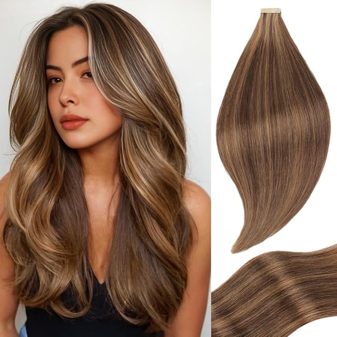 Tape in Hair Extensions Real Human Hair 24 Inch Darkest Brown to Medium Brown Double Sided Skin Weft Hair Extension Invisible Tape in Hair Extensions Remy Human Hair 20pcs (P2/10#,24 Inch)