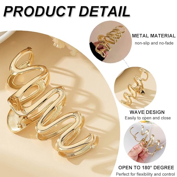 Wave Metal Hair Claw Clips, 1Pcs Hair Claw Clips for Thin Thick Hairs Elegant Hair Accessories Non-Slip Alloy Gold Wavy Design Hair Claw Clip Strong Hold Grip Hair Jaw Clip for Women Girls