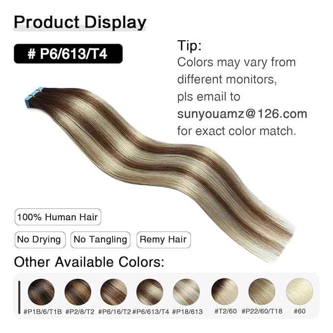 SUYYA Tape in Hair Extensions Human Hair Balayage Chocolate Brown to Bleach Blonde and Chestnut Brown 40g/pack 20pcs Straight Seamless Skin Weft Tape in Real Human Hair Extensions(16inch #P6/613/T4)