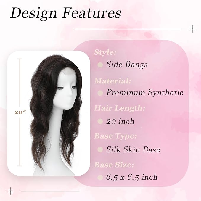 Hair Topper, 360° 3D Hair Toppers for Women with Thinning Crown, 20 Inch Long Wavy Curly Hair Pieces Clip in Bangs (Dark Brown Mixed Chestnut, 20 inch, Side Bangs)