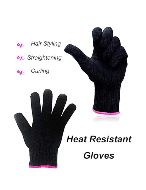 2 Heat Resistant Glove for Hair Styling, Curling Iron, Flat Iron and Curling Wand, Black, Pink Edge