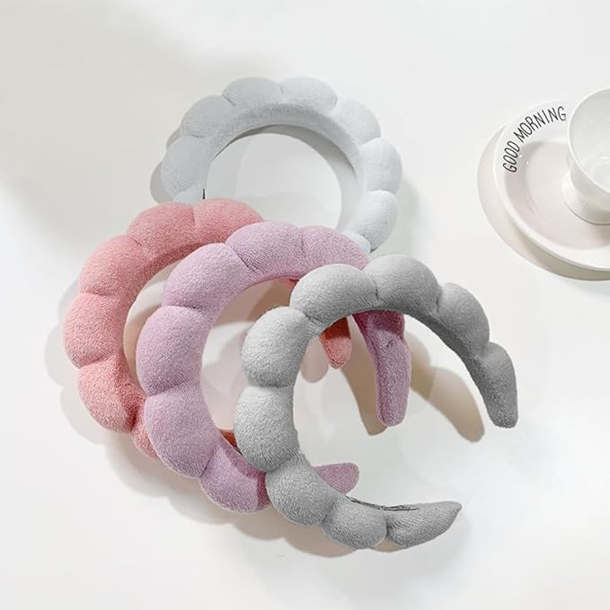 Spa Headbands for Washing Face or Makeup, Sponge Bubble Skincare Headbands, Puffy Terry Cloth Hairband for Women, Skin Care Makeup Headwear Hair Accessories for Girls(Gray)
