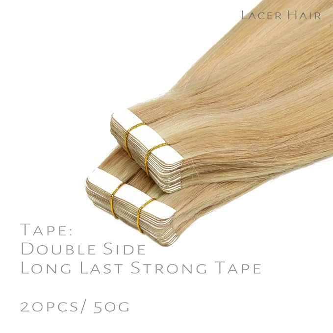 Lacer Tape Ins Human Hair Extensions Golden Blonde to Platinum Blonde 16 Inch 100G 40Pcs Hair Extensions Tape in Seamless Straight Real Remy Human Hair Tape Ins