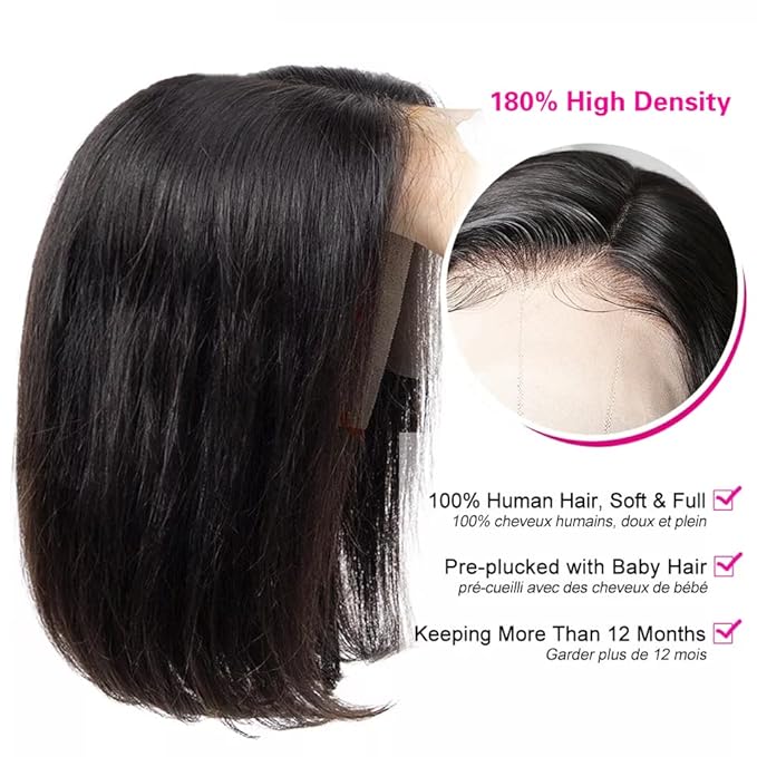 Short Bob Wig Human Hair 13x4 Frontal Bob Wigs Human Hair Pre Plucked wigs for Black Women Bob Lace Front Wigs 10 Inch 180% Density with Baby Hair Natural Color