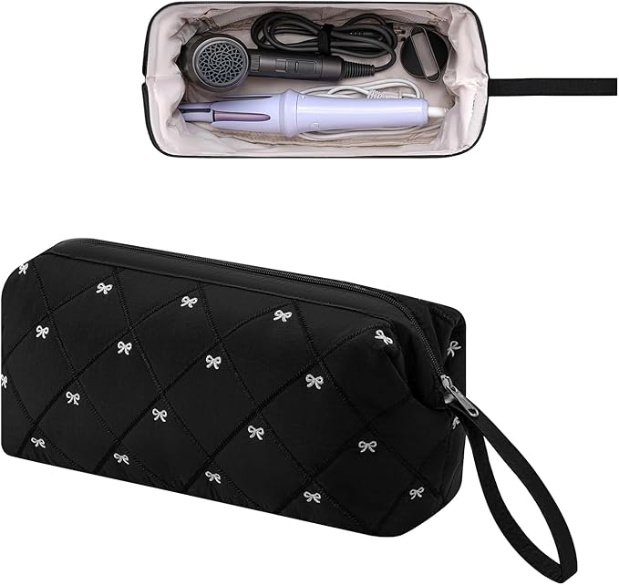Large Quilted Hair Tools Travel Bag with Bow Pattern,Waterproof Hair Styling Accessories Storage Case for Shark FlexStyle, Dyson Airwrap Hair Dryer, Curling Iron, Revlon Hair Tools(Black)