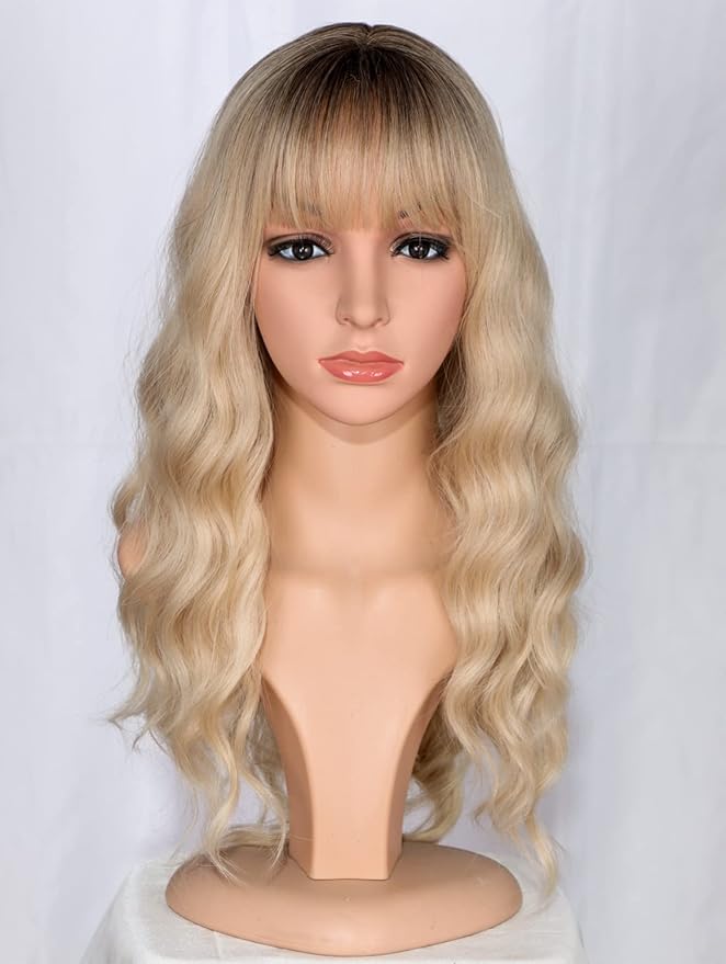 Medium Long Blonde Wavy Wigs For Women Synthetic Full Hair Wigs With Bangs For Daily Use (Blonde)
