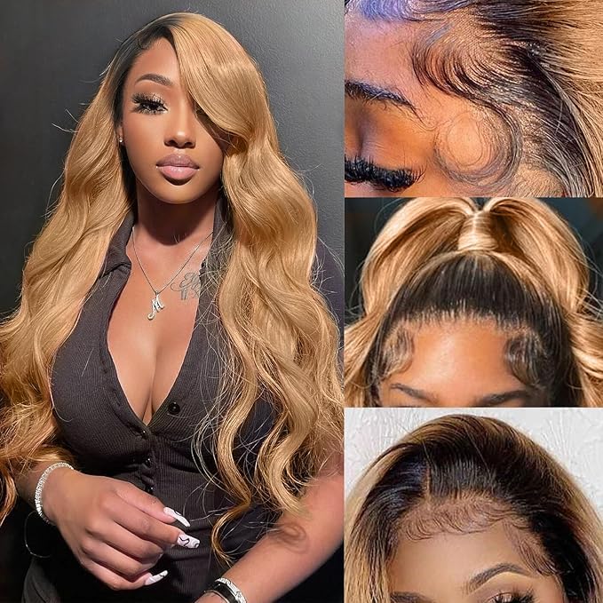 AMIRTY 200% density 32 inch 13x6 Honey Blonde Lace Front Wigs Human Hair 13x6 Body Wave Lace Front Wig Ombre HD Transparent Lace Frontal Wigs Human Hair Wigs for Women Pre Plucked with BabyHair