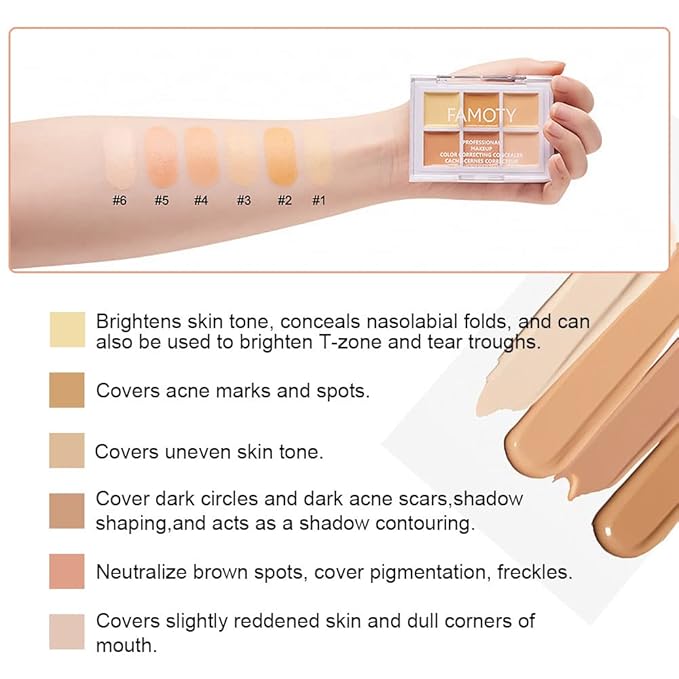 6 Color Correcting Concealer Palette With Concealer Brush, Tattoo Concealer, Cream Contouring Makeup Kit, Corrects Dark Circles Red Marks Scars Light Mediumor creamy concealer A2
