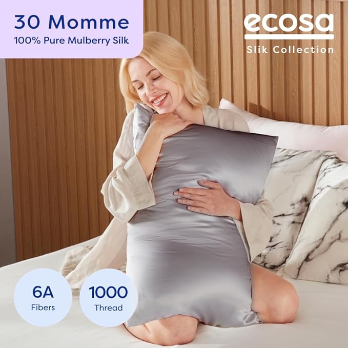 ECOSA Luxurious 30 Momme 100% Mulberry Silk Pillowcase (50x70cm) – 6A Grade Charmeuse Weave, Oeko-TEX® Certified – Frizz-Free Hair & Wrinkle-Free Skin (Grey)