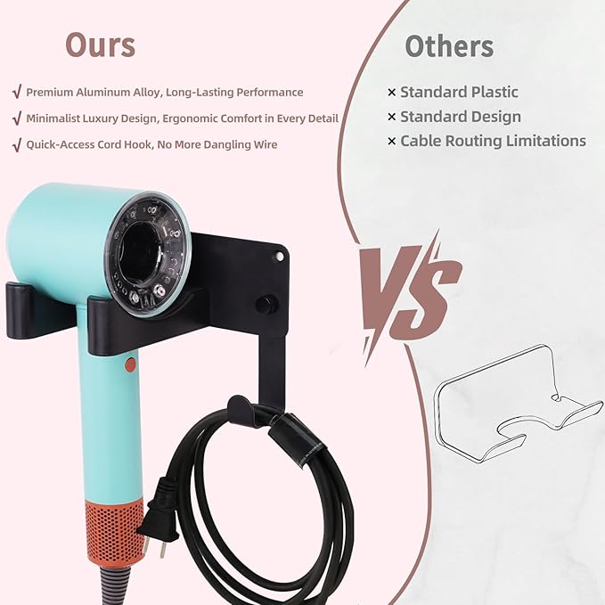 Hair Dryer Holder, Aluminum Alloy Blow Dryer Holder with Adhesive/Screw Installation, Universal Hair Dryer Wall Mount Compatible with Dyson Hairdryer Holder for Bathroom Black UEMUSI