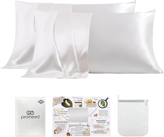 PROMEED White Silk Pillowcase 2 Pack for Hair and Skin, Both Sides 100% 23 Momme Mulberry Silk Pillow Case Set of 2 with Hidden Zipper, Soft and Breathable (Standard 20"x26", White)