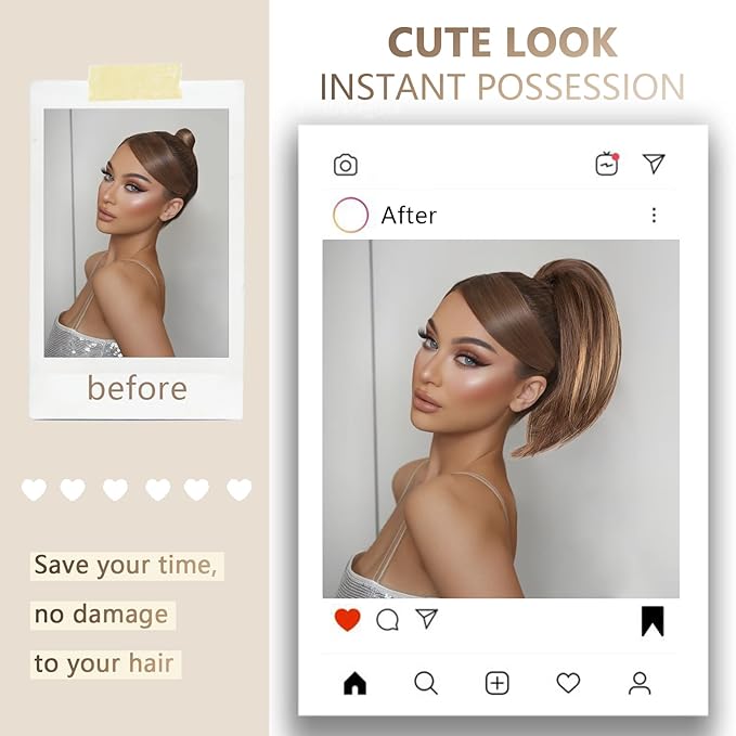 10 Inch Ponytail Extension - Straight Pony Tails Hair Extensions, Claw Clip Ponytail Extension, Synthetic Hair Extensions Ponytail, Clip in Ponytail (Color: Chestnut Brown With Golden Highlights)