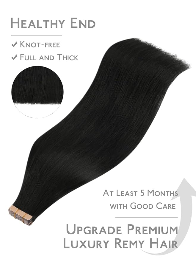 WENNALIFE Fuller Tape in Hair Extensions Human Hair, 20 inch 20pcs 80g Jet Black Remy Hair Straight Tape in Extensions Thicker Skin Weft Tape Ins Extensiones De Cabello Humano