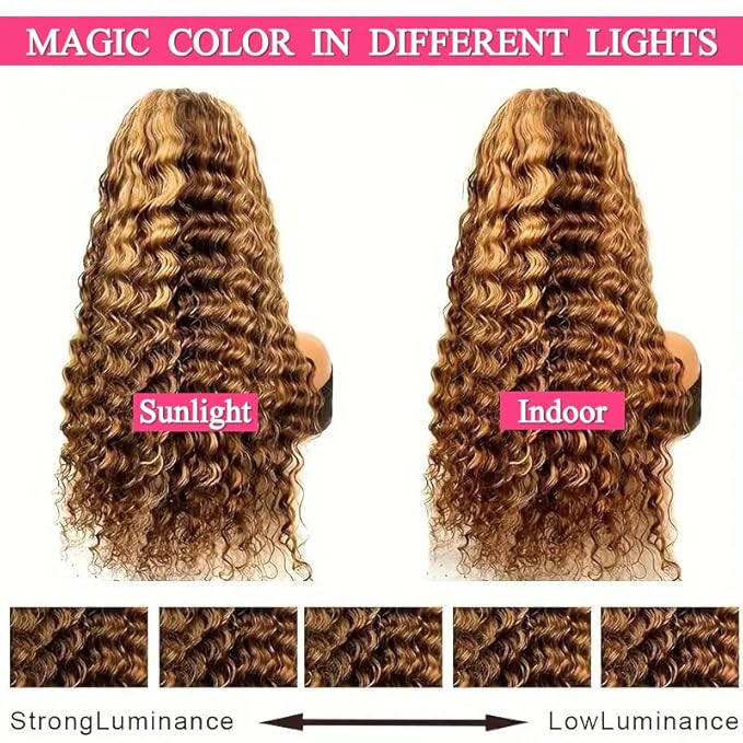 4/27 Deep Wave Lace Front Wigs Human Hair Honey Blonde Highlight Ombre Wigs Human Hair for Women 13x4 HD Transparent Lace Frontal Wigs Pre Plucked with Baby Hair 180 Density 28 Inch