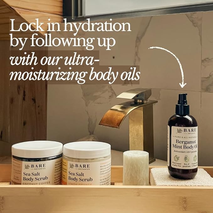 Bare Botanics Coconut Vanilla Body Scrub 24oz | Made in Madison, WI | All Natural Sea Salt Exfoliator w/ Skin Loving Moisturizers | Vegan & Cruelty Free | Gift Ready Packaging w/ a Cute Wooden Spoon