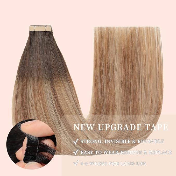 Tape in Hair Extensions Real Human Hair 24 Inch Chestnut Brown to Light Brown Mixed Light Blonde Skin Weft Hair Extension Invisible Tape in Hair Extensions Straight 20pcs (2/6/18K#,24 Inch)
