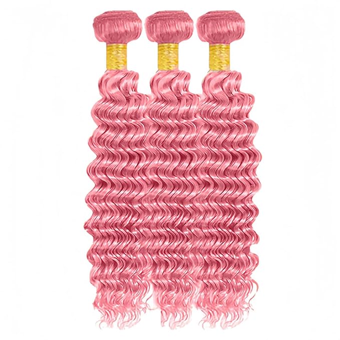 28 30 32 Inch Pink Deep Wave Bundles Human Hair Light Pink Bundles 8A Peruvian Virgin Remy Hair Extensions Double Weft Real Pure Pink Hair Weave