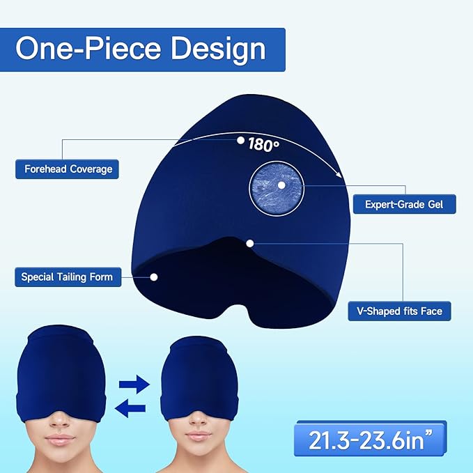 Wearable Ice Cap for Migraines, Headache Relief Hat for Tension Sinus Headache Eye Fatigue Fever Relief, One-Piece Design Fit All Head Ice Pack Cap, Hot Cold Compressed Therapy Head Migraine Hat(Blue)