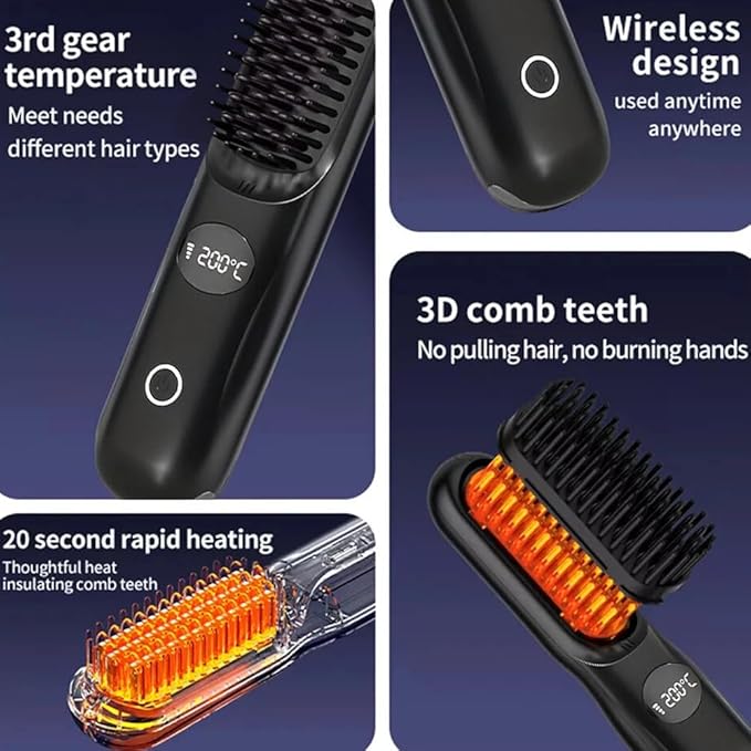 Cordless Hair Straightener Brush: Portable Rechargeable Heated Straightening Comb with LED Display & 3 Temperature Settings - Travel Hair Brush for Smooth Frizz-Free Styling (Black)