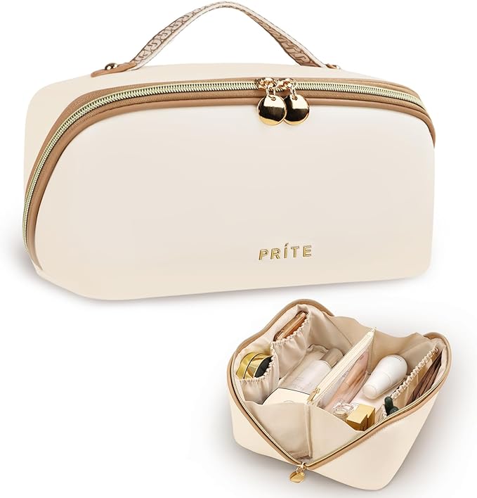 Prite Makeup Bag for Women Travel Waterproof Vegan Leather Cosmetic Bag Open Flat Toiletry Bag With Clear Divider and Handle (Large Beige)