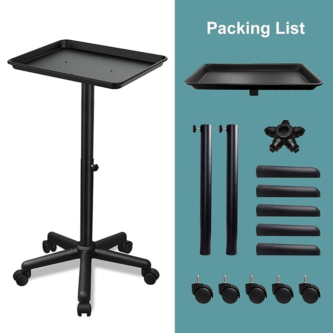 Premium Aluminum Salon Tray, Sturdy Five feet Base Adjustable is Used for Salon Tray on Wheels, tattooing, Beauty Spa, Dentist, Etc.…(Black)