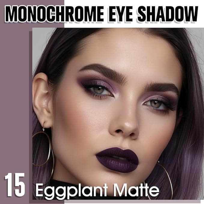 Eggplant Purple Single Matte Eyeshadow Makeup, Neutral Powde Eye Shadow for Women, Deep Dark Mauve Plum Purple Matte Singles Eyeshadow Palette Pigmented Waterproof, Girls Eyeshadows Gift 15