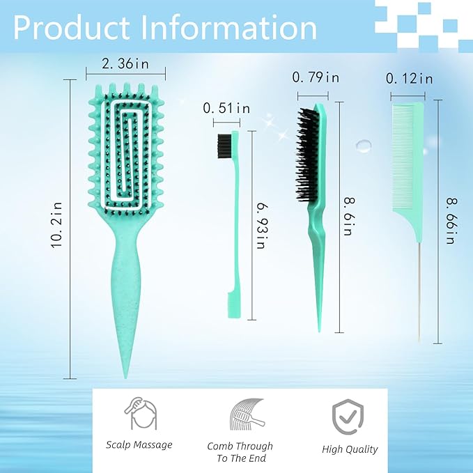 Curly Hair Brush,Curl Defining Brush plus 3 Pieces Hair Styling Comb Set(Slick Back Hair Brush,Rat Tail Comb,Edge Bristle Brush) Lightweight Vented for Combing, Shaping, Styling(Green)