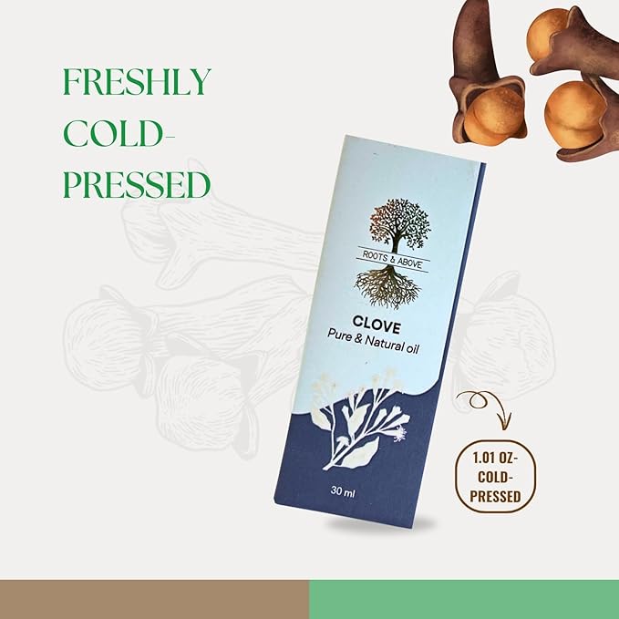 Roots & Above Pure Clove Essential Oil -Cold Pressed (1.01 Oz/30ml) or Diffuser, Candles, Soap Making, Perfume, Skin, Face, Hair, Self-Care, Massage