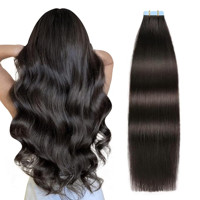 SUYYA Tape in Hair Extensions Human Hair Off Black 26 Inch 60g/pack 20pcs Straight Seamless Skin Weft Tape in Real Human Hair Extensions(26inch #1B Off Black)