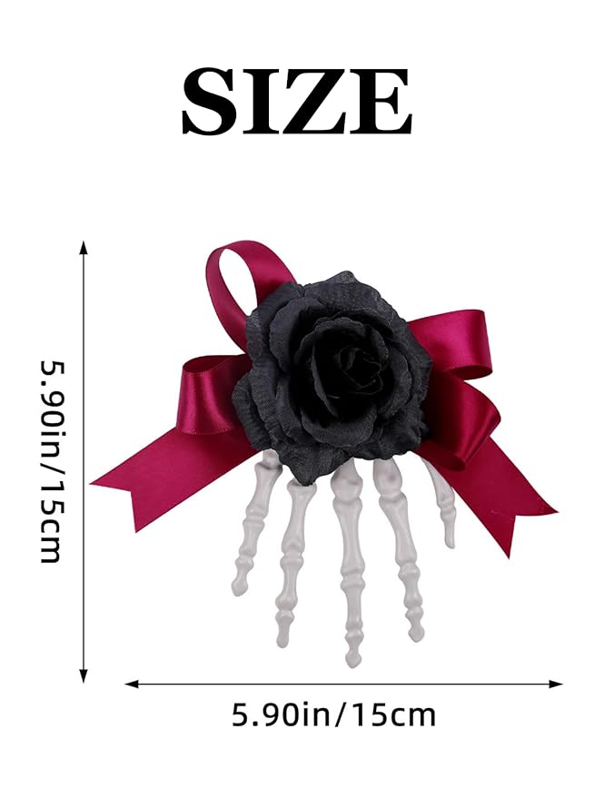 SEVEN LUCKY LIGHT Halloween Hair Clips Skeleton Hands with Red Flower Black Satin Ribbon Great Halloween Hair Accessories