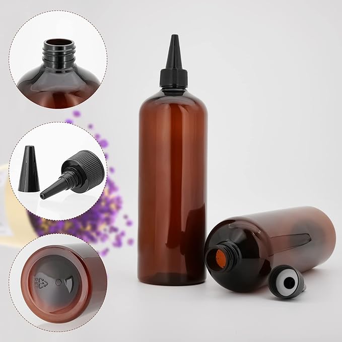 Cosywell Applicator Bottles for Hair - 2 Pack, 16 Ounce Oil Bottles with Cap, PET Plastic, Refillable, Brown