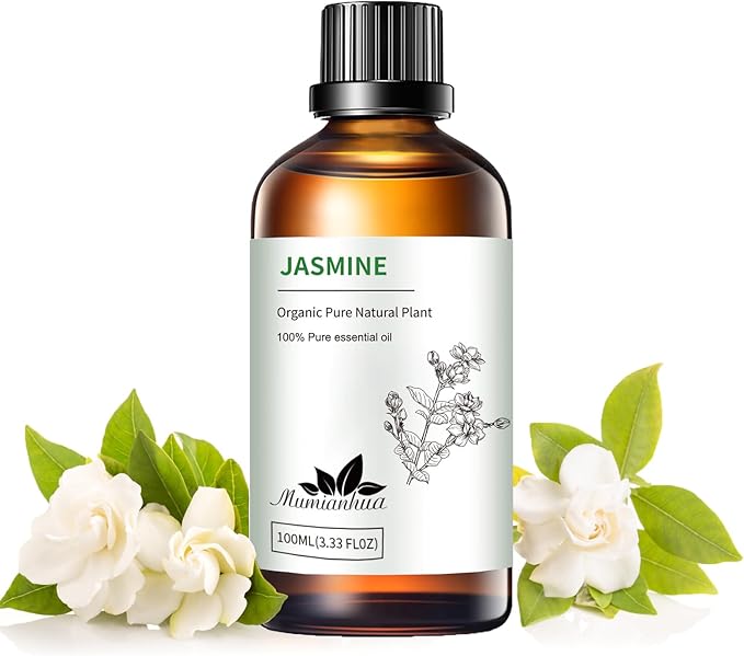 Pure Jasmine Essential Oil for Bedtime Atmosphere, Evening Relaxation & Pillow Mist, Mumianhua Natural Floral Bliss for Diffuser, Skin, Hair Care, Calming Blends, Perfume, Candle Making 3.38 Fl Oz