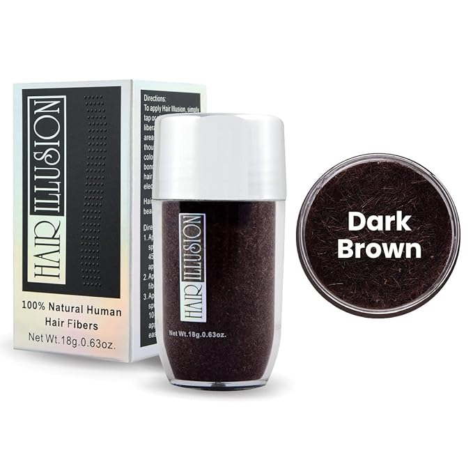 Hair Illusion Dark Brown Real Hair Fibers and Fiber Holding Spray Bundle for Thinning Hair - 100% Natural Texture, Non Synthetic Hair Fibers - Bald Spot Cover Up for Women & Men - 18 Gram