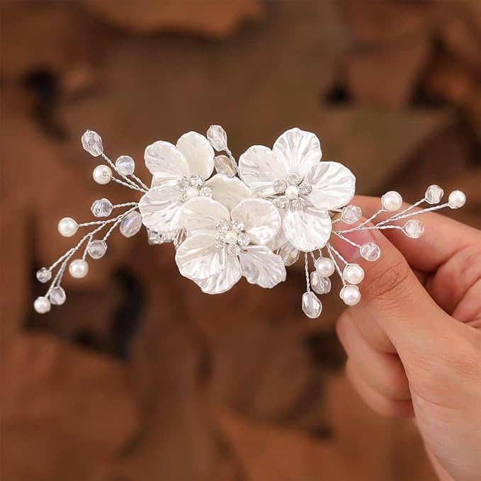 Asooll Flower Wedding Hair Barrette Clips Silver Bridal Hair Accessories Pearl Hair Pieces for Women (Silver)