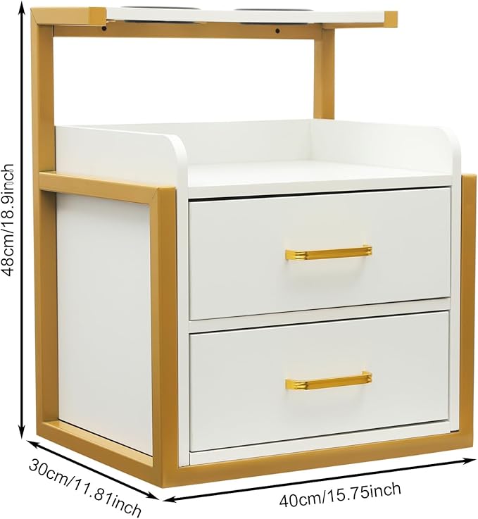 Suspended Salon Station for Hair Stylist, Wall Mounted Styling Salon Station Storage Cabinet w/2*Drawers &Hair Dryer Stand,Floating Nightstand Stylist Storage Cabinet for Home (Gold+White)