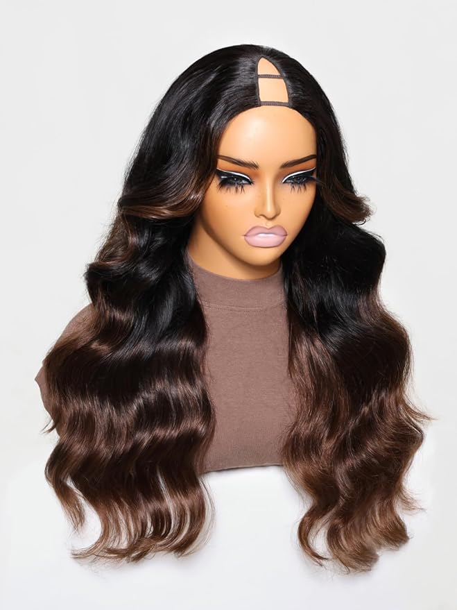 YIROO V Part Wig Human Hair Highlight Chestnut Brown Ombre Body Wave Human Hair Wig No Leave Out 12A Glueless Upgrade U Part Wigs Clip in Half Wig No Glue No Sew Beginner Friendly 150% Density 16inch