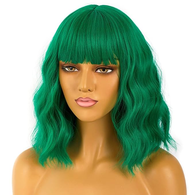 Short Bob Wigs with Bangs for Women Loose Wavy Wig Curly Wavy Shoulder Length Bob Synthetic Cosplay Wig for Girl Colorful Costume Wigs (Green)