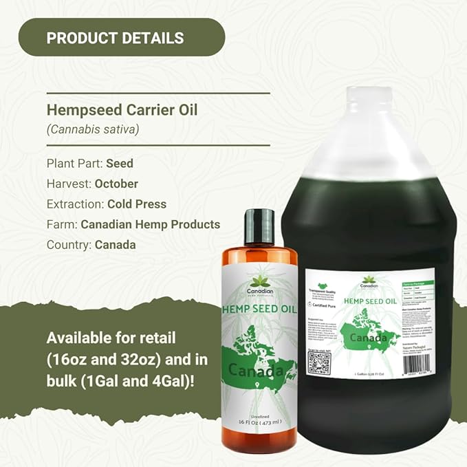 Hemp Seed Oil Direct from Canada - Hemp Seed Oil for Hair, Skin, Body - 16oz