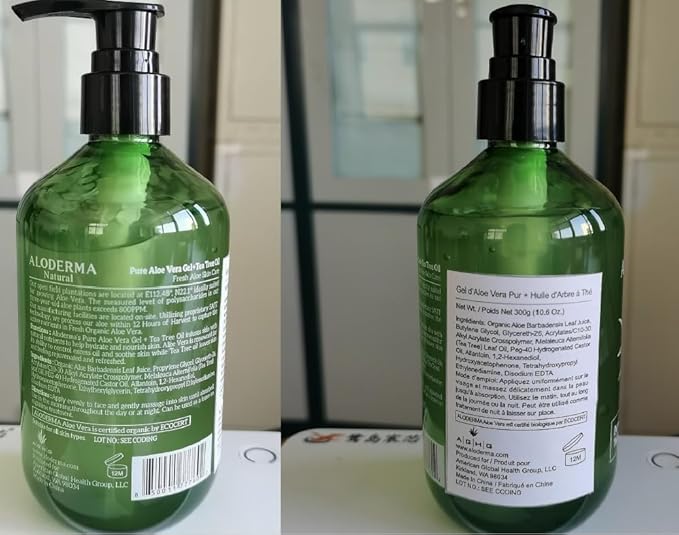 Aloderma Aloe Vera Gel + Tea Tree Oil, Made with Refreshing Organic Aloe for After Sun Skin Care, Multipurpose Use for Hair and Scalp, and Face or as a Shaving Gel or Aftershave - 10.6Oz x 3btls